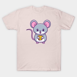 Cute Mouse Holding Cheese Cartoon T-Shirt